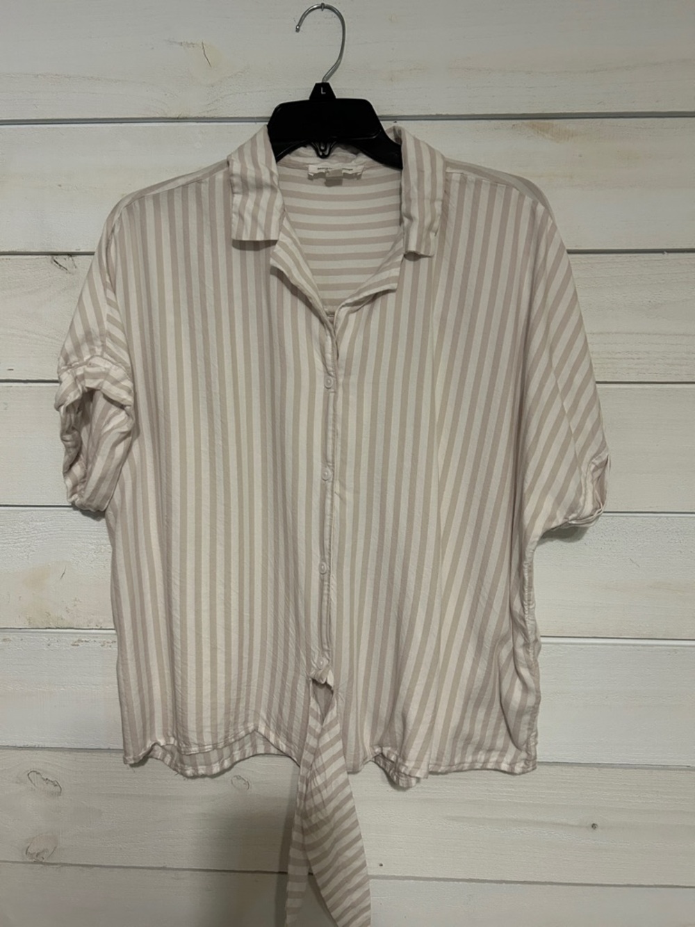 Beach lunch lounge by Anthropologie  Beige and White Striped Button-Up Shirt
